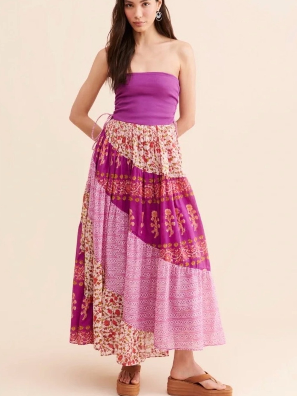 Free People Tiered Convertible Tube Maxi Dress in Purple & Pink Patchwork Boho